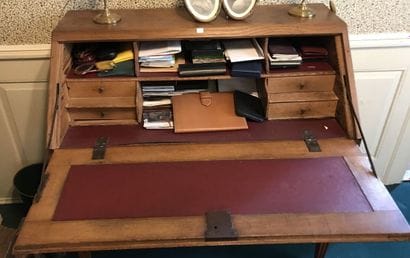 Oak scriban chest of drawers inlaid with...