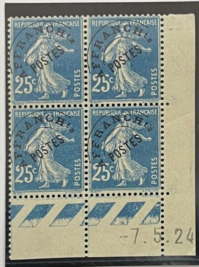 **Yv. Préo N°56	France : 25c bleu, en bloc...