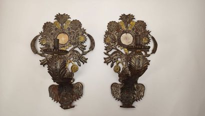 Pair of sconces in embossed metal decorated...