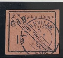 O Yv. N°14 Gabon : 15c black on pink, light...