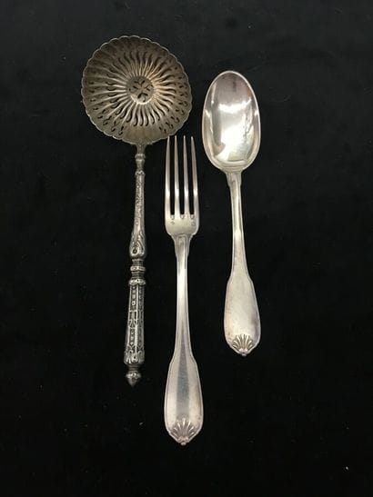 Silver lot: sprinkling spoon and children's...