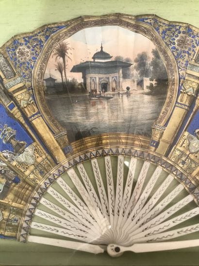 Fan, blue and gold pagoda decoration, gouache,...