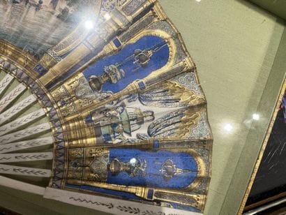 Fan, blue and gold pagoda decoration, gouache,...