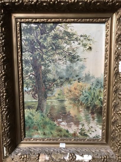 GASSIMONI G. 
Landscape with swans
Oil on...