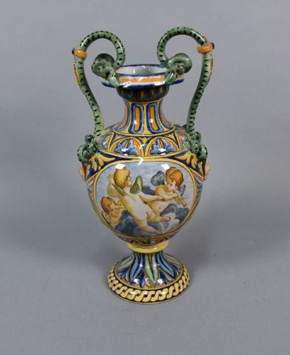 Pair of vases in the taste of Italian majolica...