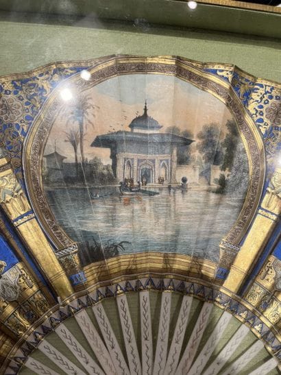 Fan, blue and gold pagoda decoration, gouache,...