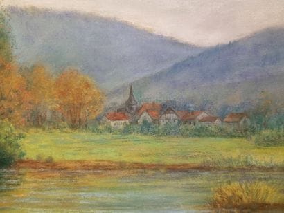 École moderne
Paysage à l'étang en automne
Pastel
Signée...