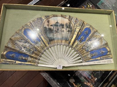 Fan, blue and gold pagoda decoration, gouache,...