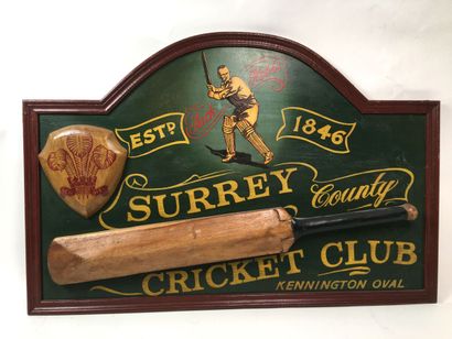 BALL GAMES, CRICKET. 
Wooden panel painted...