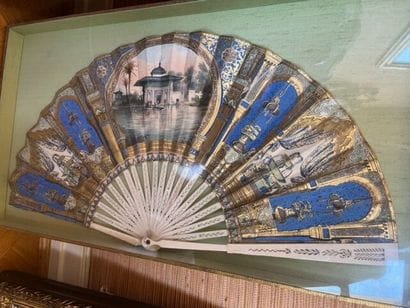 Fan, blue and gold pagoda decoration, gouache,...