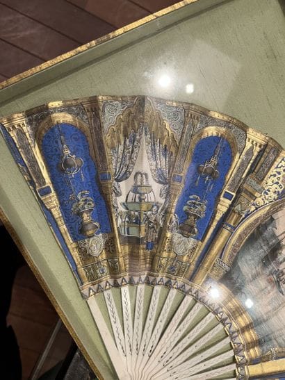Fan, blue and gold pagoda decoration, gouache,...