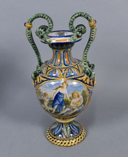 Pair of vases in the taste of Italian majolica...