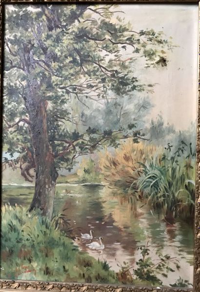GASSIMONI G. 
Landscape with swans
Oil on...