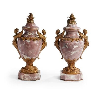 Pair of marble covered vases, gilt bronze...