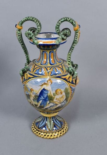 Pair of vases in the taste of Italian majolica...