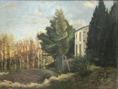 Modern School
Houses behind the trees
Oil...