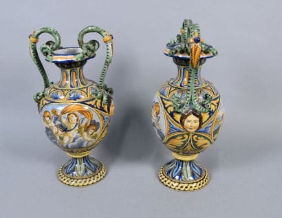 Pair of vases in the taste of Italian majolica...