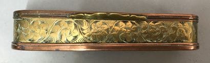 A copper and metal box decorated with characters...