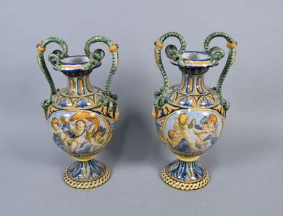 Pair of vases in the taste of Italian majolica...
