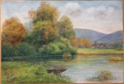 École moderne
Paysage à l'étang en automne
Pastel
Signée...