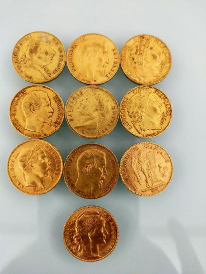 10 pieces of 20 Francs gold, France
(worn...