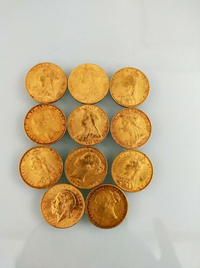 11 gold Sovereign coins, United Kingdom
(worn...