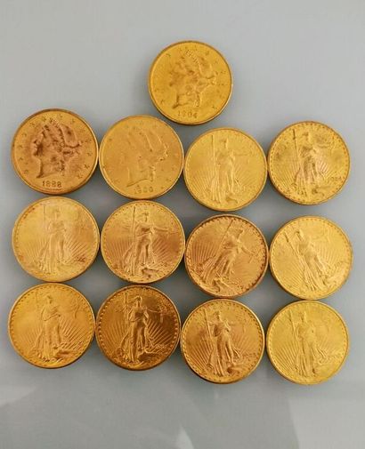13 coins of 20 gold dollars, USA
(worn and...