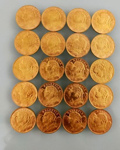20 coins of 20 Francs gold, Switzerland
(worn...