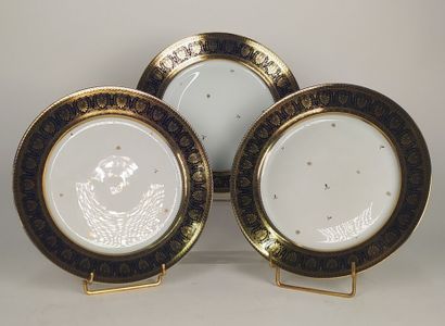 SEVRES
Three porcelain plates with blue marli...