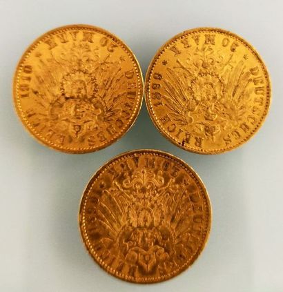 3 pieces of 20 Mark gold, Germany
(worn and...