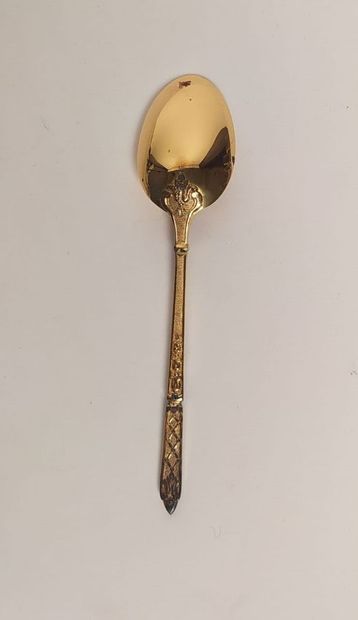12 mocha spoons and sugar tongs in silver...