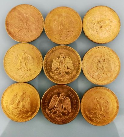9 coins of 50 Pesos gold, Mexico
(worn and...