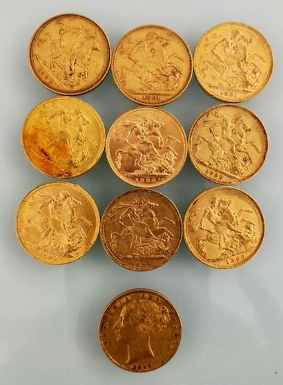 10 gold Sovereign coins, United Kingdom
(worn...