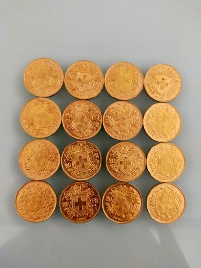 16 coins of 20 Francs gold, Switzerland
(worn...