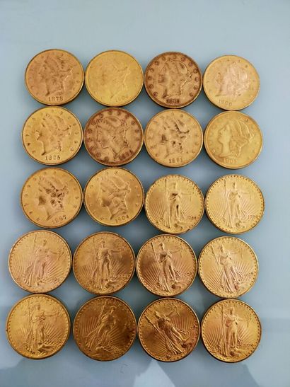 20 coins of 20 gold dollars, USA
(worn and...