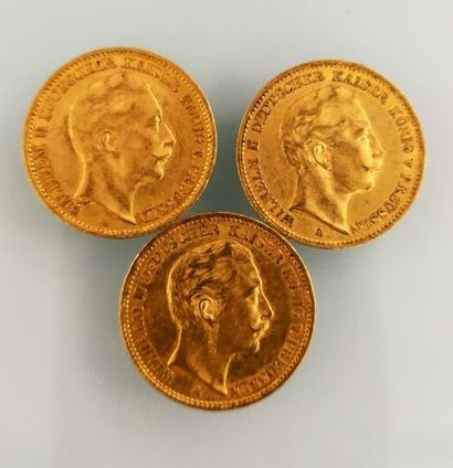 3 pieces of 20 Mark gold, Germany
(worn and...