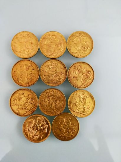 11 gold Sovereign coins, United Kingdom
(worn...