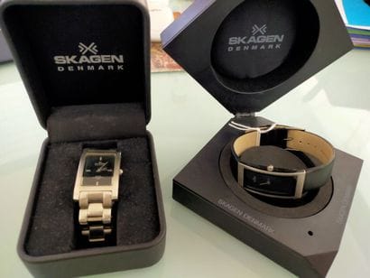 SKAGEN
Two rectangular metal men's watches...
