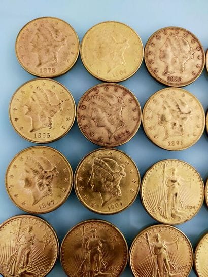 20 coins of 20 gold dollars, USA
(worn and...