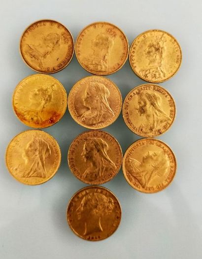 10 gold Sovereign coins, United Kingdom
(worn...