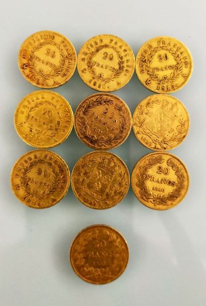 10 pieces of 20 Francs gold Napoleon, France
(worn...