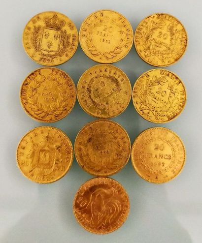 10 pieces of 20 Francs gold, France
(worn...