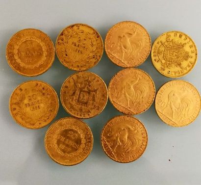 10 pieces of 20 Francs gold Napoleon, France
(worn...
