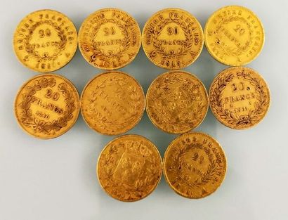 10 pieces of 20 Francs gold Napoleon, France
(worn...