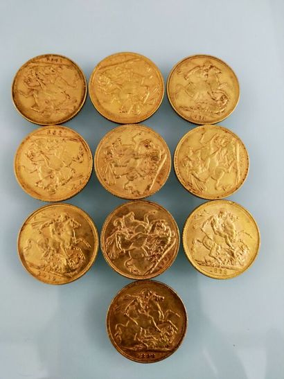 10 gold Sovereign coins, United Kingdom
(worn...