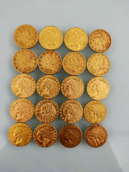 20 pieces of 5 gold dollars, USA
(worn and...