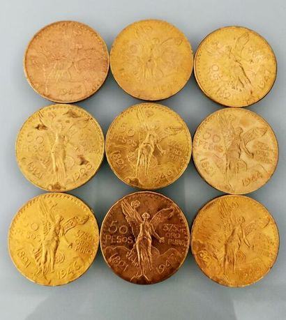 9 coins of 50 Pesos gold, Mexico
(worn and...