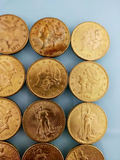 20 coins of 20 gold dollars, USA
(worn and...