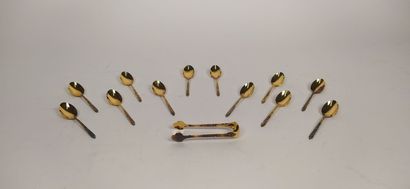 12 mocha spoons and sugar tongs in silver...