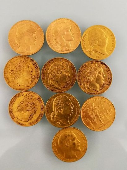 10 pieces of 20 Francs gold Napoleon, France
(worn...